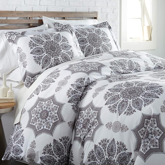 Southshore Fine Living, Inc. Oversized Full/Queen Comforter Bedding Set, Down Alternative Boho Bedspread, Paisley Floral Print Comforter, Full Size/Queen with 2 Matching Shams, Grey on White - LeafyLoom