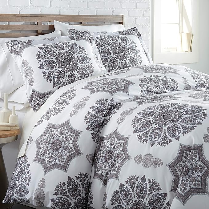 Southshore Fine Living, Inc. Oversized Twin Comforter Bedding Set, Down Alternative Boho Bedspread, Paisley Floral Print Comforter, Twin or Twin XL Comforter with Matching Sham, Grey on White - LeafyLoom