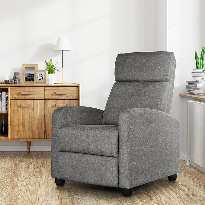 Yaheetech Fabric Recliner Chair Sofa Ergonomic Adjustable Single Sofa with Thicker Seat Cushion Modern Home Theater Seating for Living Room Matte Grey - LeafyLoom