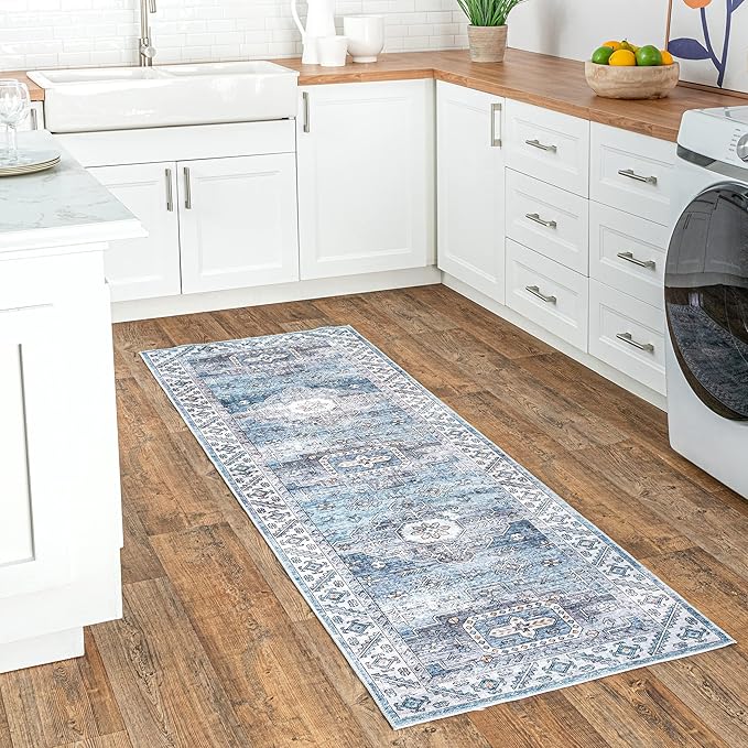 nuLOOM Eva Machine Washable Vintage Faded Medallion Ultra Thin Runner Rug, 2' 6" x 8', Blue - LeafyLoom