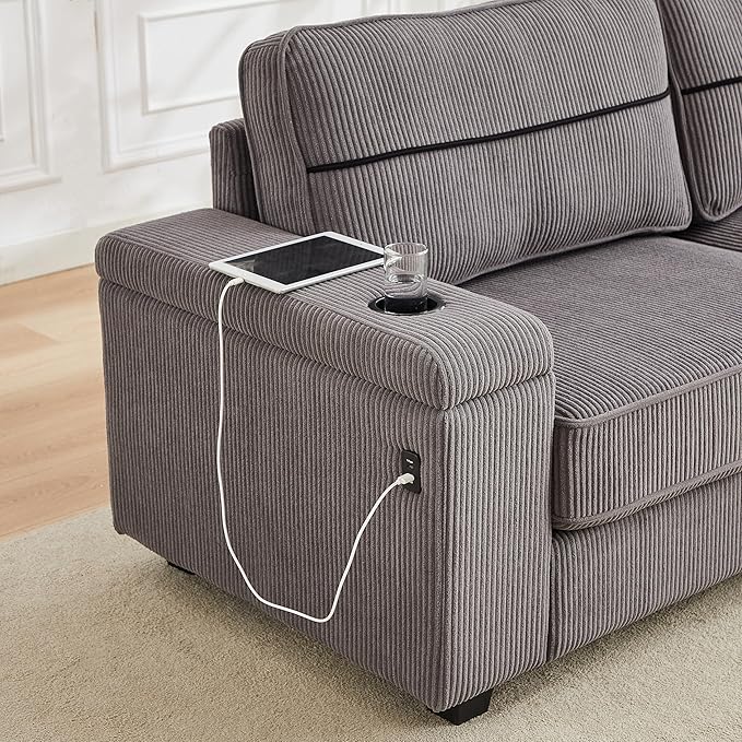 Modern Living Room Upholstered 3 Seater Sofa Couch Deep Seat Soft Corduroy Sofa&Couch with Storage Armrests, 2 Cupholders, Type-C and USB Charging Ports for Home, Apartment, Office - LeafyLoom
