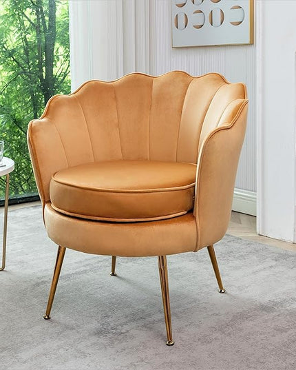 Velvet Barrel Accent Chair with Scalloped Silhouette and Gold Metal Legs, Decorative Piece Suitable for Traditional, Modern, and Contemporary Spaces, Mustard Yellow - LeafyLoom
