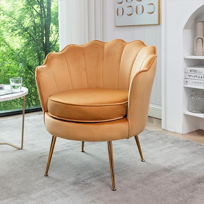Velvet Barrel Accent Chair with Scalloped Silhouette and Gold Metal Legs, Decorative Piece Suitable for Traditional, Modern, and Contemporary Spaces, Mustard Yellow - LeafyLoom