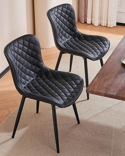 YOUTASTE Black Dining Chairs Set of 2 Mid Century Modern PU Leather Diamond Upholstered Accent Guest Dinner Chair with Back Metal Legs for Kitchen Living Reception Waiting Room - LeafyLoom