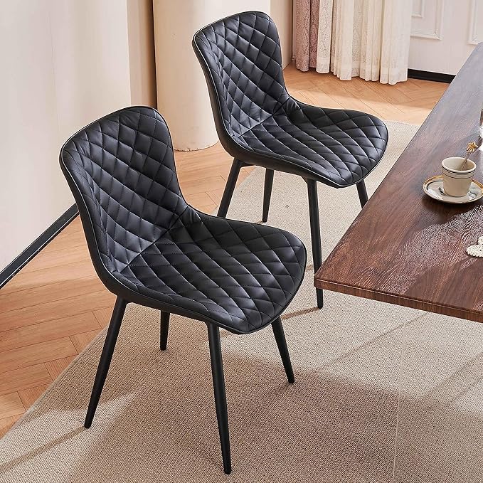 YOUTASTE Black Dining Chairs Set of 2 Mid Century Modern PU Leather Diamond Upholstered Accent Guest Dinner Chair with Back Metal Legs for Kitchen Living Reception Waiting Room - LeafyLoom