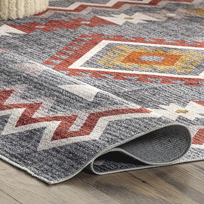 nuLOOM Jayde Machine Washable Southwestern Diamond Ultra Thin Area Rug, 4' x 6', Grey - LeafyLoom