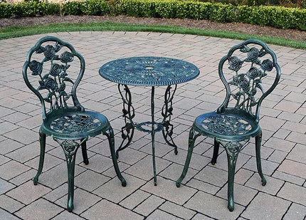Oakland Living Cast Aluminum Conversation Metal Antique 3 Piece Patio Rose Bistro Set, Verdi Green - LeafyLoom