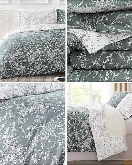 Southshore Fine Living, Inc. Full/Queen Comforter Set, Down Alternative Floral Comforter with Matching Shams, Reversible Print is 2 Colors in 1, Fits Queen & Full Beds, Winter Brush Green/White - LeafyLoom