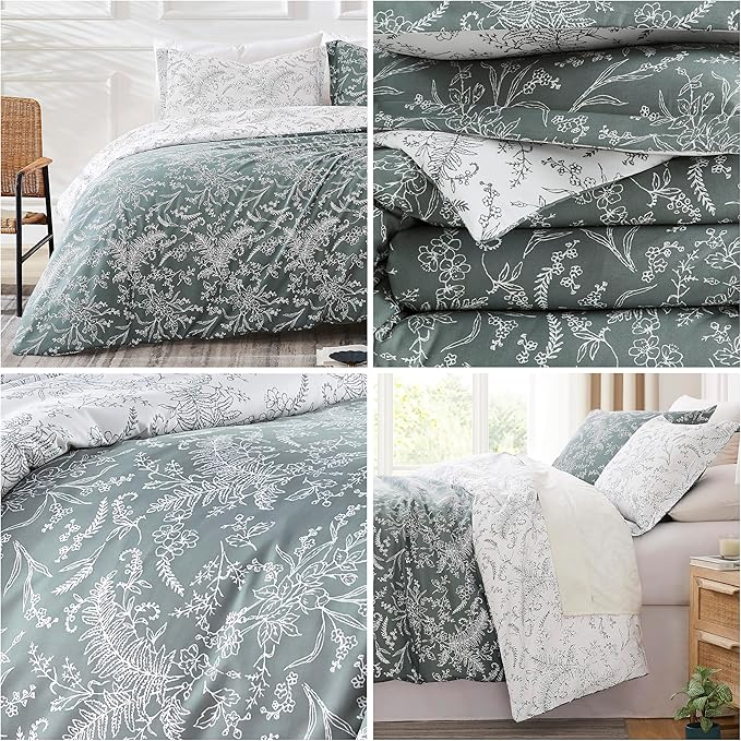 Southshore Fine Living, Inc. Full/Queen Comforter Set, Down Alternative Floral Comforter with Matching Shams, Reversible Print is 2 Colors in 1, Fits Queen & Full Beds, Winter Brush Green/White - LeafyLoom