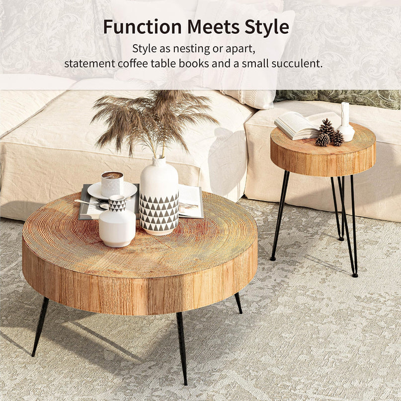 2-Piece Modern Farmhouse Living Room Coffee Table Set, Nesting Table Round Natural Finish with Handcrafted Wood Ring Motif, Wood Colour LeafyLoom
