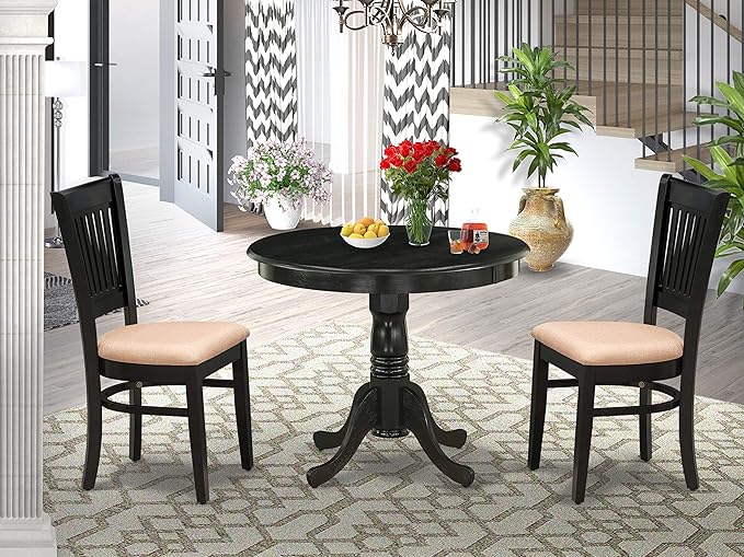 East West Furniture ANVA3-BLK-C 3 Piece Modern Dining Table Set Contains a Round Kitchen Table with Pedestal and 2 Linen Fabric Dining Room Chairs, 36x36 Inch, Black - LeafyLoom