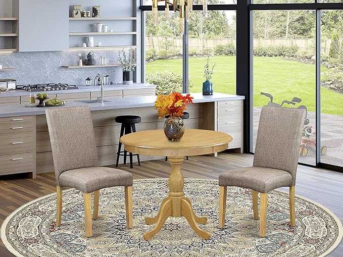 East West Furniture Antique 3 Piece Room Set Contains a Round Kitchen Table with Pedestal and 2 Dark Khaki Linen Fabric Parsons Dining Chairs, 36x36 Inch, Oak - LeafyLoom