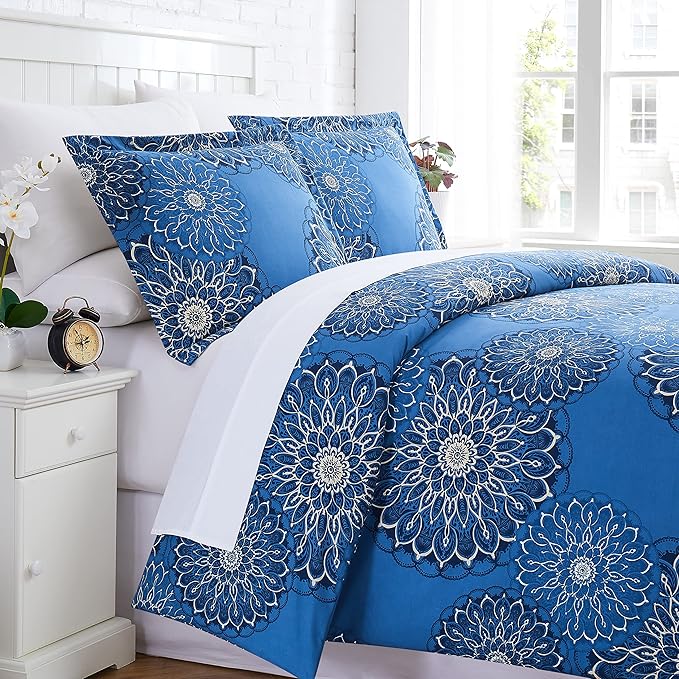 Southshore Fine Living, Inc. Oversized King Comforter Bedding Set, Down Alternative Boho Bedspread, Paisley Floral Comforter, King/California King with 2 Matching Shams, Midnight Floral Blue - LeafyLoom