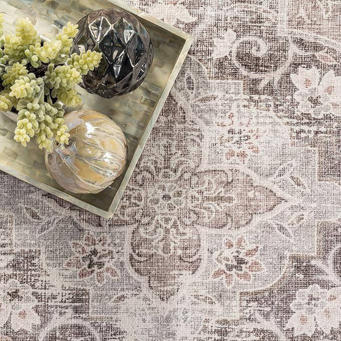 nuLOOM Elsa Floral Blossom Machine Washable Ultra Thin Area Rug, 5' x 8', Beige - LeafyLoom