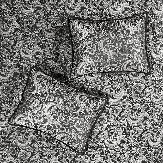 Madison Park Essentials Brystol 24 Piece Room in a Bag Faux Silk Comforter Jacquard Paisley Design Matching Curtains Down Alternative All Season Bedding-Set, Queen(90 in x 90 in), Black 24 Piece - LeafyLoom