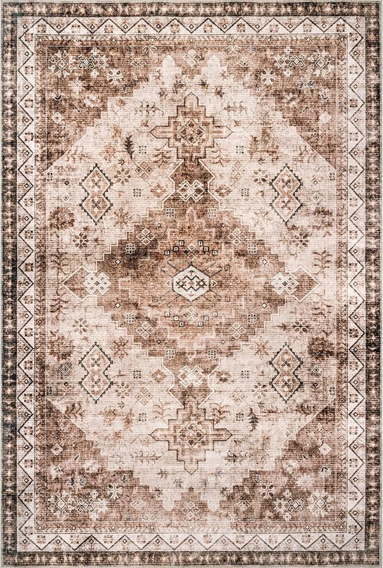nuLOOM Dorota Machine Washable Geometric Medallion Ultra Thin Area Rug, 5' x 8', Beige - LeafyLoom
