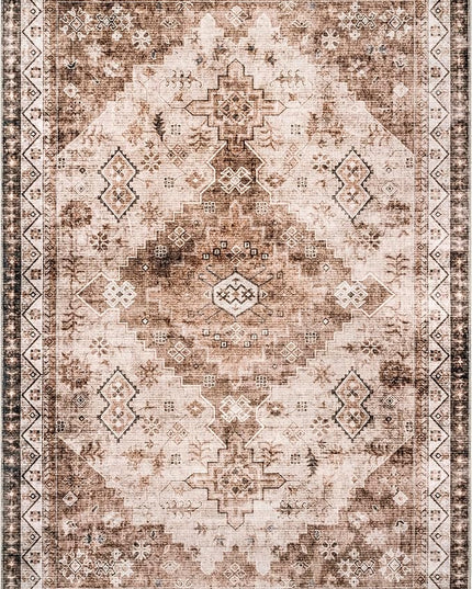 nuLOOM Dorota Machine Washable Geometric Medallion Ultra Thin Area Rug, 4' x 6', Beige - LeafyLoom