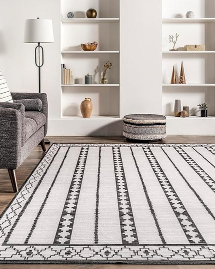nuLOOM Elsy Modern Tribal Machine Washable Ultra Thin Area Rug, 8' x 10', Ivory - LeafyLoom