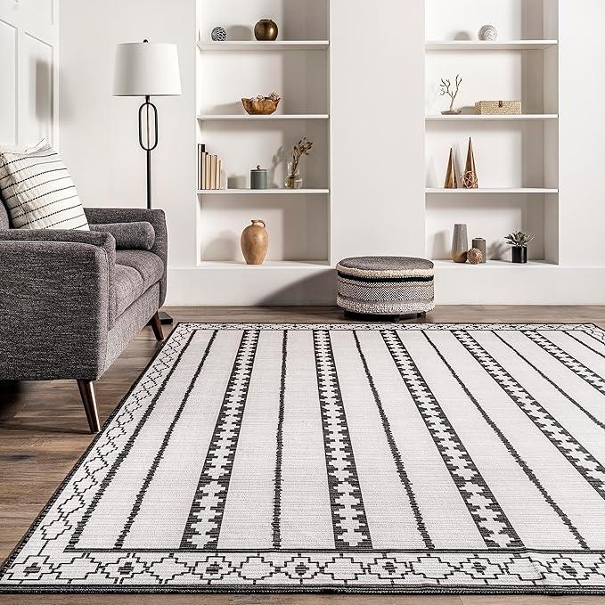 nuLOOM Elsy Modern Tribal Machine Washable Ultra Thin Area Rug, 8' x 10', Ivory - LeafyLoom