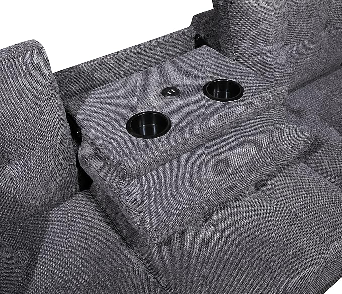 102" Wide Reversible Sectional Sofa L Shaped Upholstered Couch with Dropdown Armrest & Cupholders, Charging Ports, Storage Ottoman and Pillows for Living Room Apartment, Dark Gray - LeafyLoom
