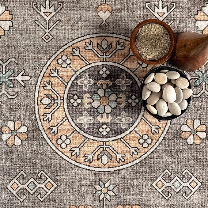 nuLOOM Tama Circle Medallion Machine Washable Ultra Thin Area Rug, 8' x 10', Brown - LeafyLoom