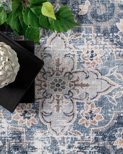 nuLOOM Elsa Floral Blossom Machine Washable Ultra Thin Area Rug, 8' x 10', Blue - LeafyLoom
