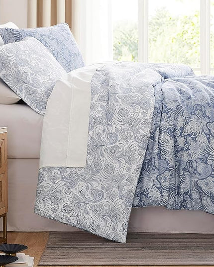 Southshore Fine Living, Inc. Oversized Twin Comforter Bedding Set, Down Alternative Paisley Bedspread, Reversible Print is 2 Colors in 1, Twin/Twin XL Comforter & Matching Sham, Blue/White - LeafyLoom