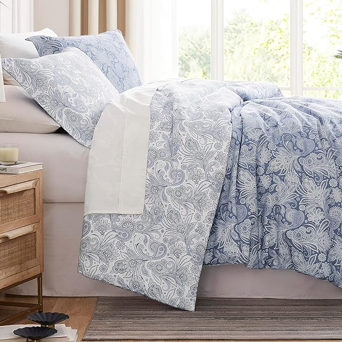 Southshore Fine Living, Inc. Oversized Twin Comforter Bedding Set, Down Alternative Paisley Bedspread, Reversible Print is 2 Colors in 1, Twin/Twin XL Comforter & Matching Sham, Blue/White - LeafyLoom