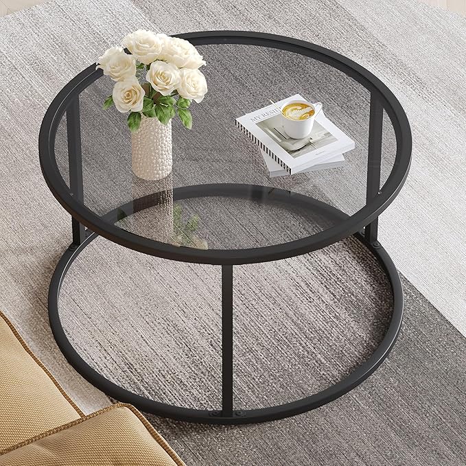 SAYGOER Round Coffee table Glass Coffee Tables for Small Space Simple Modern Center Table for Living Room Home Office, Sofa Side Table with Metal Steel Frame, Easy Assembly, Gray Black - LeafyLoom
