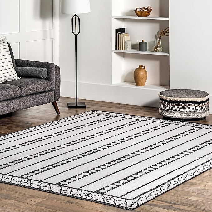 nuLOOM Elsy Modern Tribal Machine Washable Ultra Thin Area Rug, 8' x 10', Ivory - LeafyLoom