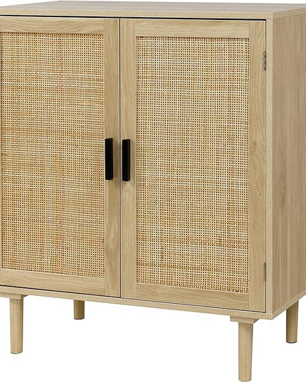 Finnhomy Sideboard Buffet Kitchen Storage Cabinet with Rattan Decorated Doors, Dining Room, Hallway, Cupboard Console Table, Liquor / Accent Cabinet, 31.5X 15.8X 34.6 Inches, Natural - LeafyLoom
