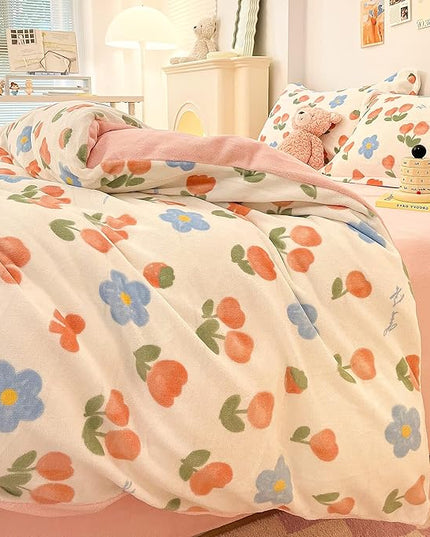 MorroMorn Pink Duvet Cover Queen, Pink Bed Set Tulips Floral Bedding Sets, Plush Fluffy Comforter Covers Set, Down Alternative Blanket Ultra Soft for Girls Kids Teen Women Full Double Size - LeafyLoom