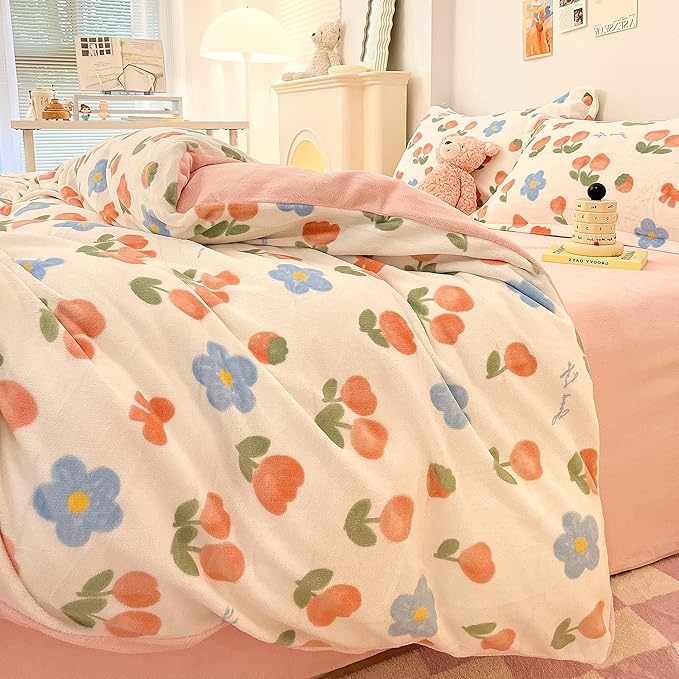 MorroMorn Pink Duvet Cover Queen, Pink Bed Set Tulips Floral Bedding Sets, Plush Fluffy Comforter Covers Set, Down Alternative Blanket Ultra Soft for Girls Kids Teen Women Full Double Size - LeafyLoom