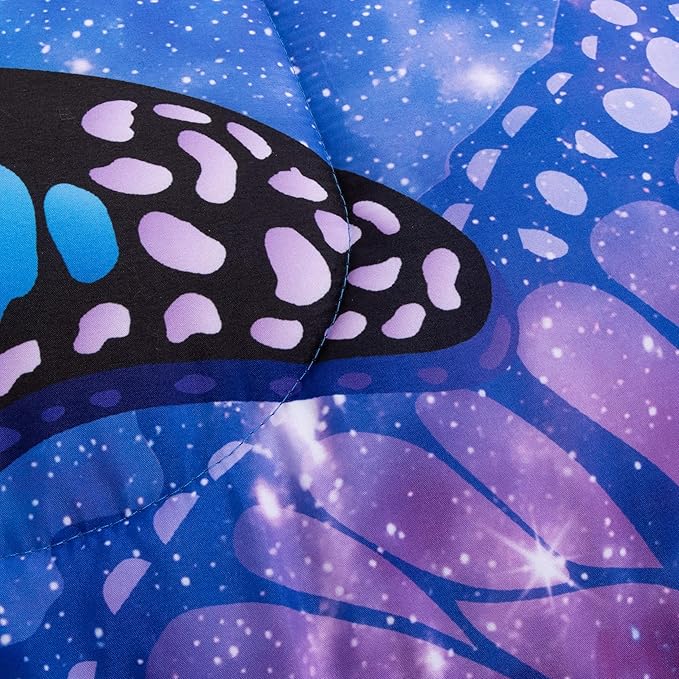 Btargot 3 Piece Butterfly Pattern Girls Comforter Set with 2 Pillow Covers, Galaxy Outer Space Printed Bedding Set for Women, Queen Purple Blue - LeafyLoom