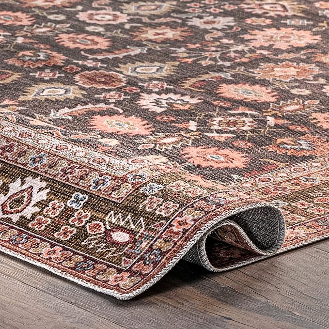 nuLOOM Cathie Persian Floral Machine Washable Ultra Thin Area Rug, 3' x 5', Beige - LeafyLoom