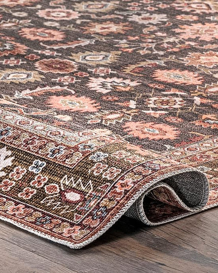 nuLOOM Cathie Persian Floral Machine Washable Ultra Thin Area Rug, 5' x 8', Beige - LeafyLoom