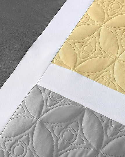 Chezmoi Collection Upland 7-Piece Quilted Patchwork Comforter Set, Yellow/Charcoal/Gray, King - LeafyLoom