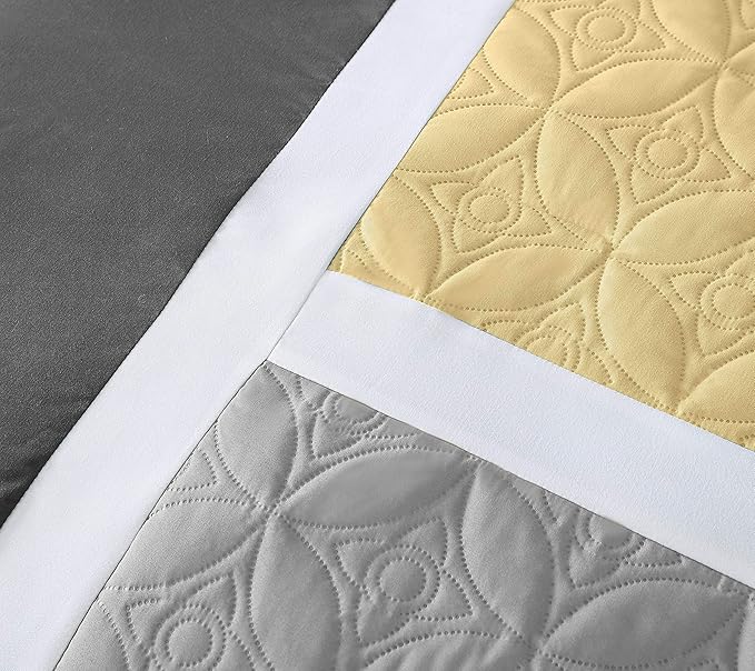 Chezmoi Collection Upland 7-Piece Quilted Patchwork Comforter Set, Yellow/Charcoal/Gray, King - LeafyLoom