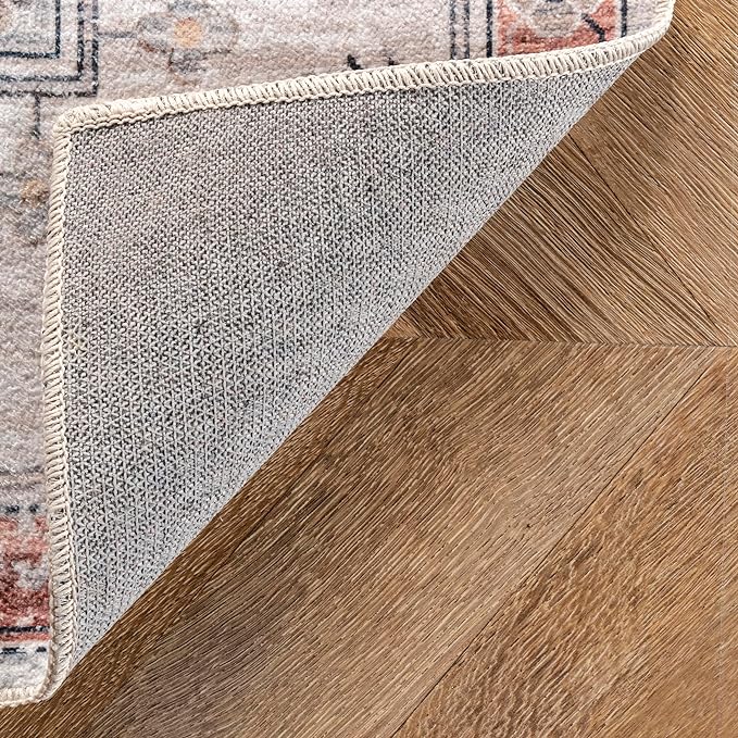 nuLOOM 2x12 Machine Washable Rain Haven Vintage Medallion Area Rug, Beige, Traditional Faded Design, Non-Slip Backing, Stain Resistant, For Bedroom, Dining Room, Living Room, Kitchen - LeafyLoom