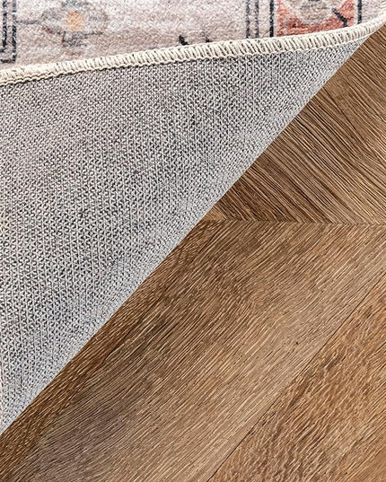 nuLOOM 2x10 Machine Washable Rain Haven Vintage Medallion Area Rug, Beige, Traditional Faded Design, Non-Slip Backing, Stain Resistant, For Bedroom, Dining Room, Living Room, Kitchen - LeafyLoom