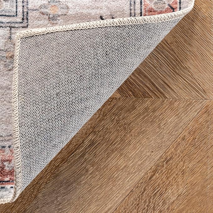 nuLOOM 2x10 Machine Washable Rain Haven Vintage Medallion Area Rug, Beige, Traditional Faded Design, Non-Slip Backing, Stain Resistant, For Bedroom, Dining Room, Living Room, Kitchen - LeafyLoom