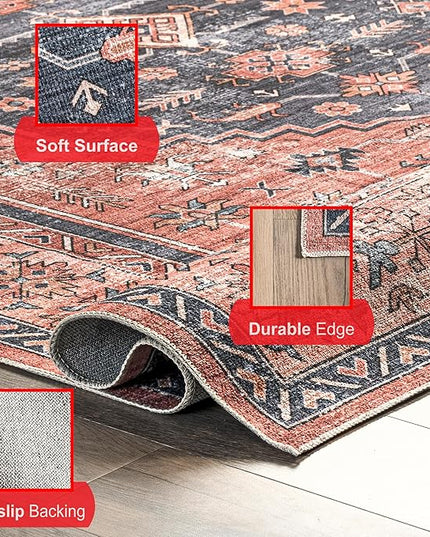 nuLOOM Medallion Bordered Machine Washable Ultra Thin Area Rug, 9' x 12', Rust - LeafyLoom