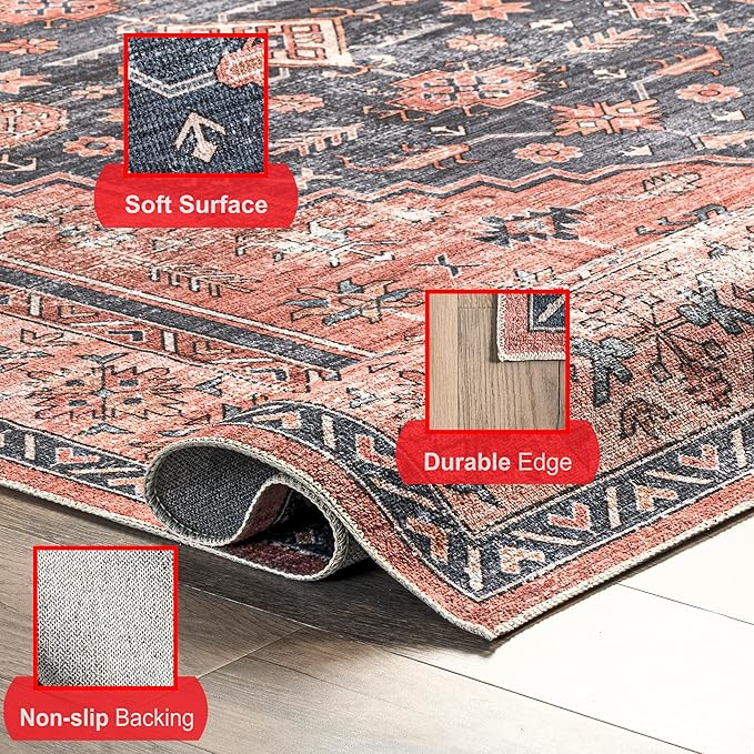 nuLOOM Medallion Bordered Machine Washable Ultra Thin Area Rug, 9' x 12', Rust - LeafyLoom