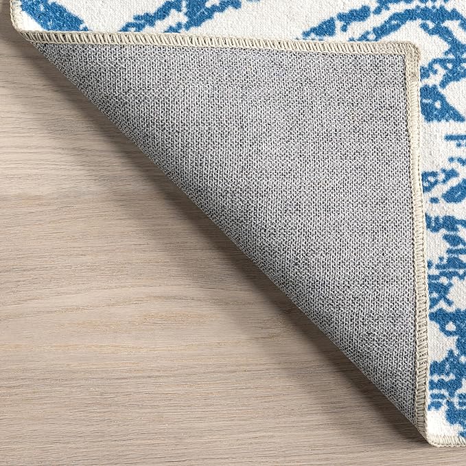 nuLOOM Rosanne Machine Washable Geometric Accent Rug, 3' x 5', Blue, Rectangular, 0.1" Thick - LeafyLoom