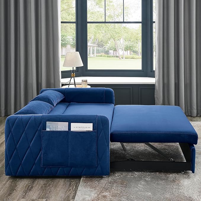 3 in 1 Sleeper Sofa Grid Design Armrests and 2 Pillows,Modern Convertible Loveseat Sofá W Pull Out Sleep Couch Bed,Velvet Upholstered Love Seat TV Sofabed for Living Room, 55", Blue1 - LeafyLoom
