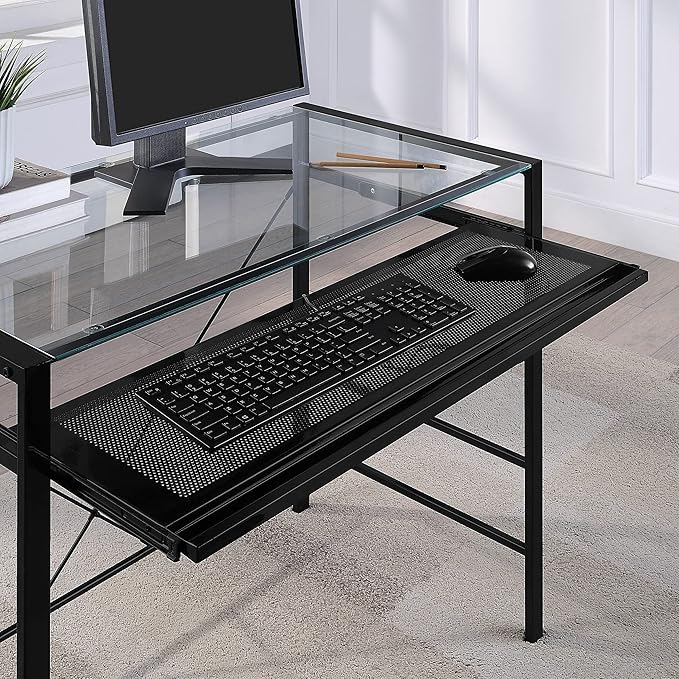 OSP Home Furnishings Zephyr Computer Desk with Keyboard Shelf and Tempered Glass Top, Clear Glass and Black Frame, 36" W x 20" D x 30.25" H - LeafyLoom