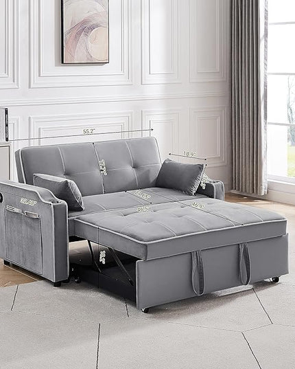 3-in-1 Velvet Upholstered Sofabed Tufted Futon Loveseat Sofa Convertible Sleeper Couch Bed with Cupholders and USB Charging Ports,Modern 2-Seaters Love Seat Daybed for Living Room, 55.2", Gray1 - LeafyLoom