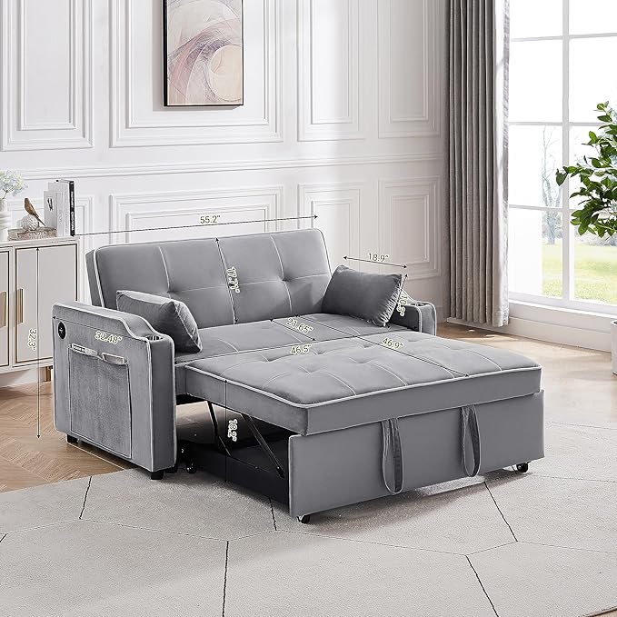 3-in-1 Velvet Upholstered Sofabed Tufted Futon Loveseat Sofa Convertible Sleeper Couch Bed with Cupholders and USB Charging Ports,Modern 2-Seaters Love Seat Daybed for Living Room, 55.2", Gray1 - LeafyLoom