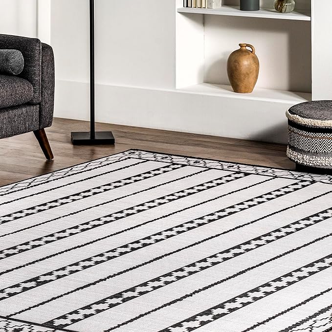 nuLOOM Elsy Modern Tribal Machine Washable Ultra Thin Area Rug, 8' x 10', Ivory - LeafyLoom