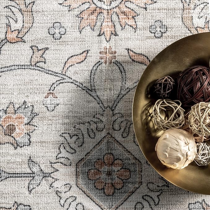 nuLOOM Marlena Faded Floral Machine Washable Ultra Thin Area Rug, 8' x 10', Peach - LeafyLoom